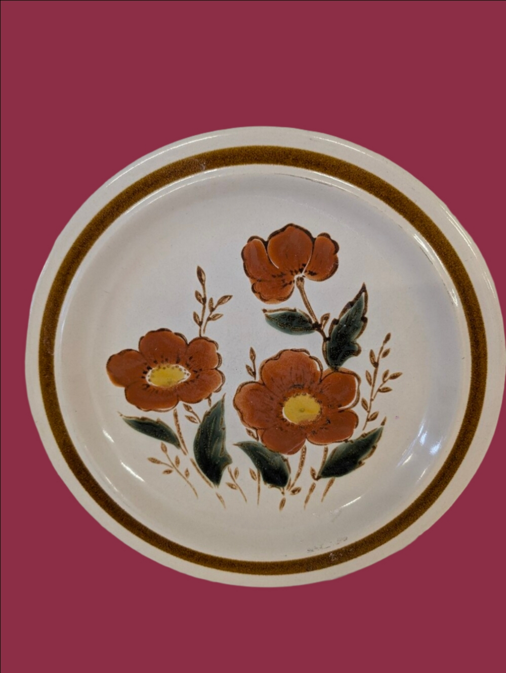 Vintage Stoneware Dinner Plate - Rust Floral Motif For Farmhouse Cottagecore